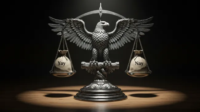 An American eagle on a weigh scale holding bags of money one says yay the other says nay, equal weight